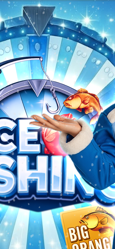 Ice Fishing - Schermata del titolo dell'app Ice Fishing che mostra un amo da pesca e un pesce arancione stilizzato