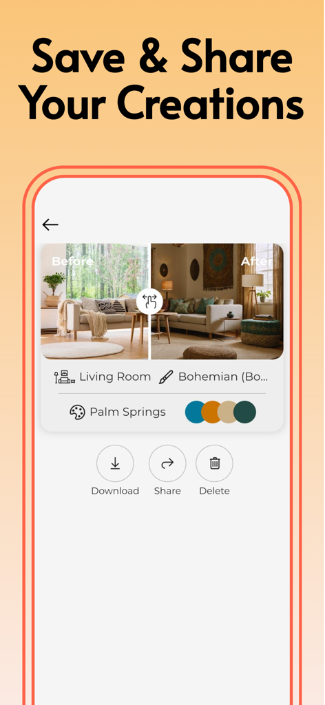 Una interfaz de aplicación móvil que muestra una comparación de antes y después de una sala de estar rediseñada en un estilo bohemio con opciones de descarga y compartir
