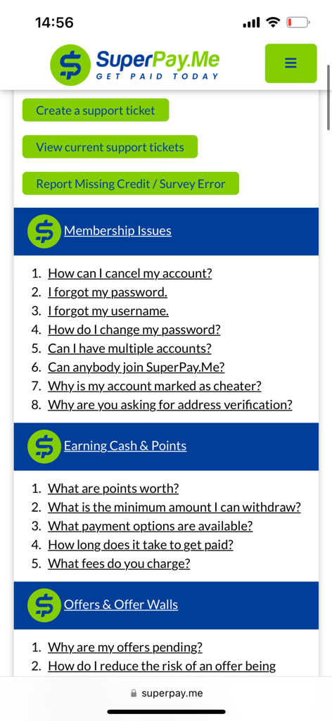 Help center page of SuperPayMe app showing support options and FAQ categories