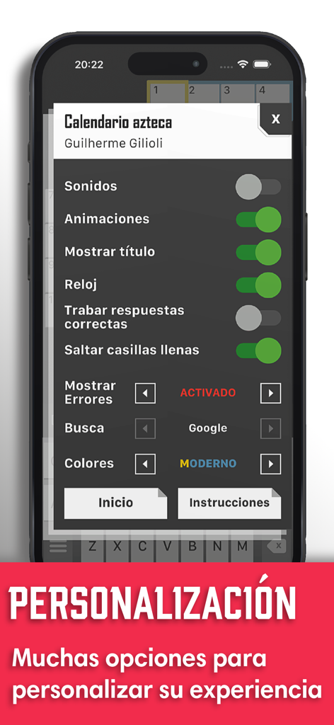 Crucigramas en Español :) - Menú de configuración y personalización de la aplicación Crucigramas en Español