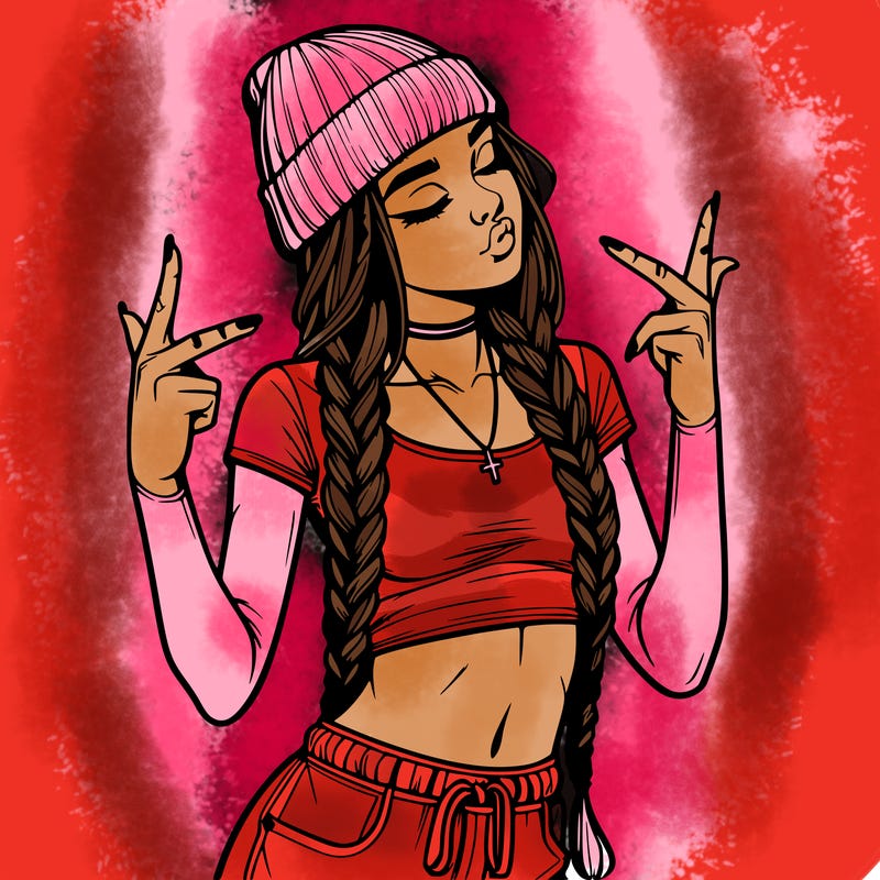 realistic teenage girl with braids and a beanie and crop top doing 🫶🏼