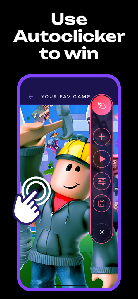Mobile app interface showing an autoclicker menu overlay on a 3D character game with a tapping hand icon.