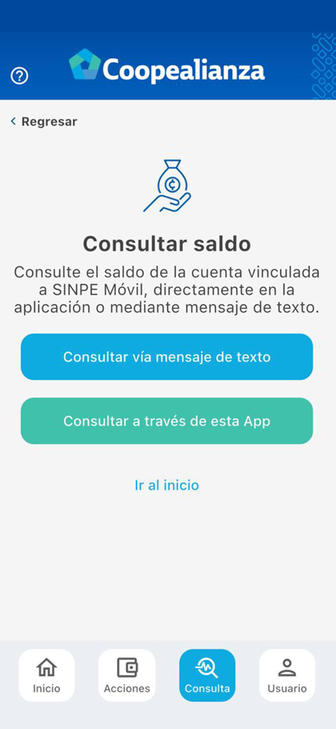 Coopealianza Sinpe Móvil - Mobile app interface of Coopealianza Sinpe Movil showing the check balance menu with options for text message or in-app consultation