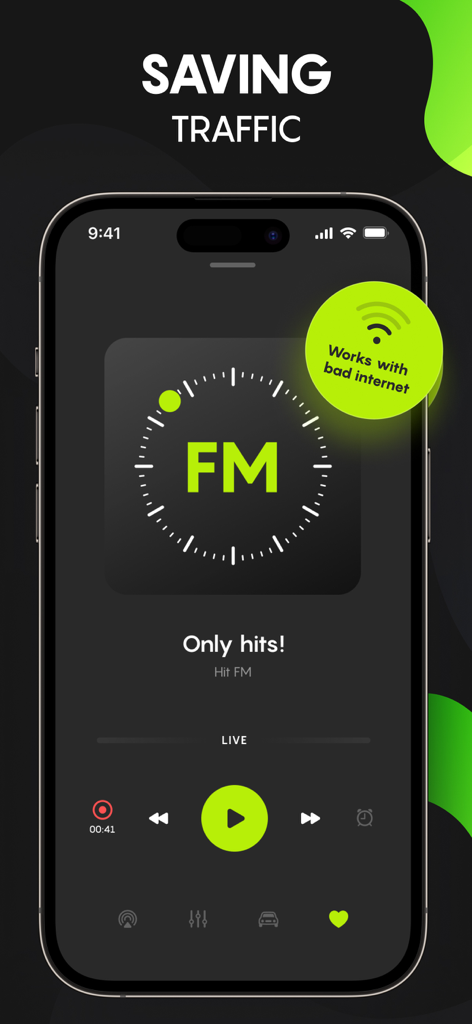 AM FM Radio USA Tuner Live App - AM FM Radio USA Tuner Live App showing saving traffic feature and compatibility with bad internet connections