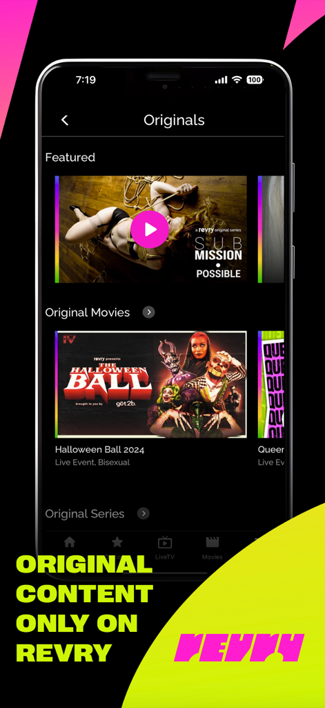 Revry - Revry app interface showing a selection of original LGBTQ+ movies and series including Submission Possible and The Halloween Ball.