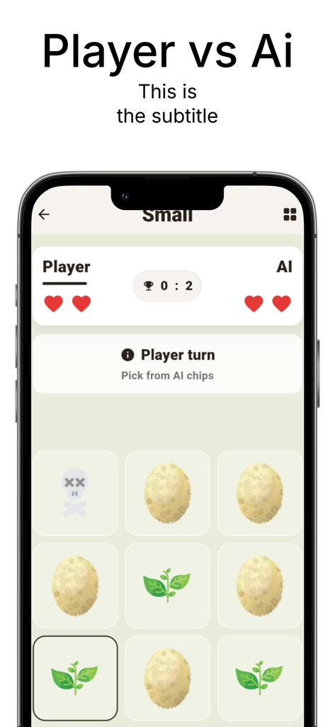 Safe or Poison game - Safe or Poisonゲームのスクリーンショット。AIとの対戦画面で、ハートのライフポイント、ポテトとスカルのグリッドが表示されている