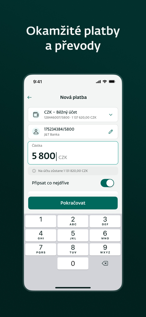 Interface of J&T Banka mobile app for instant payments and transfers in Czech.
