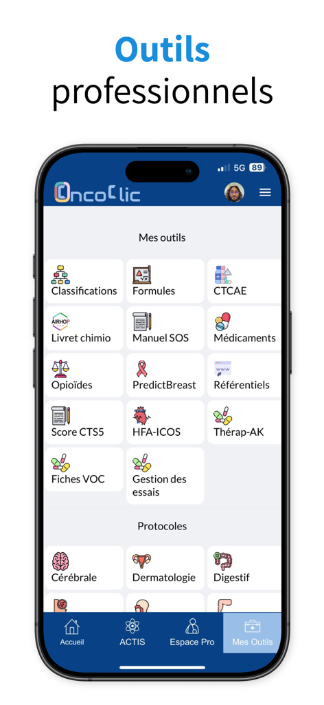 OncoClic mobile app interface displaying oncology medical tools for professionals