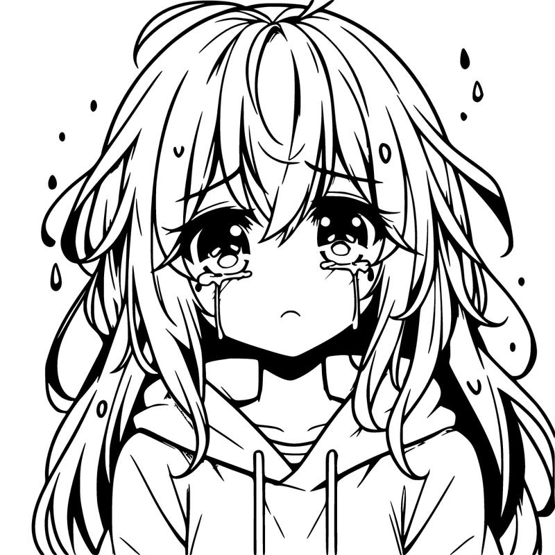 an anime girl with long kinda messy long hair with bangs,wearing a shirt and a hoodie on top,crying with tears dripping down her face