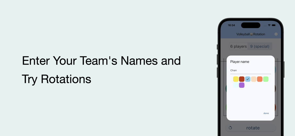 Volleyball rotation &customize - Interface for customizing player names and colors in the volleyball rotation app.