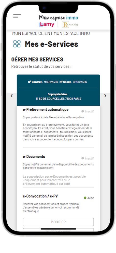 Mon espace immo particuliers - Interface de l'application Mon Espace Immo montrant les options de gestion des services immobiliers comme le prélèvement automatique et les documents numériques