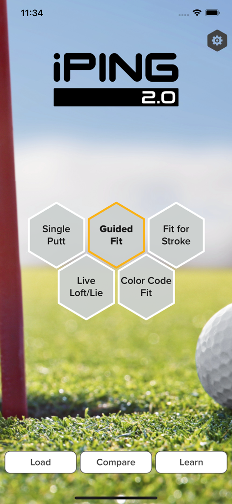 Home screen of the iPING 2.0 putter fitting app featuring Guided Fit and other professional golf tools