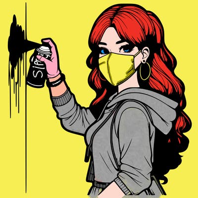 realistic girl with mask spray painting a wall