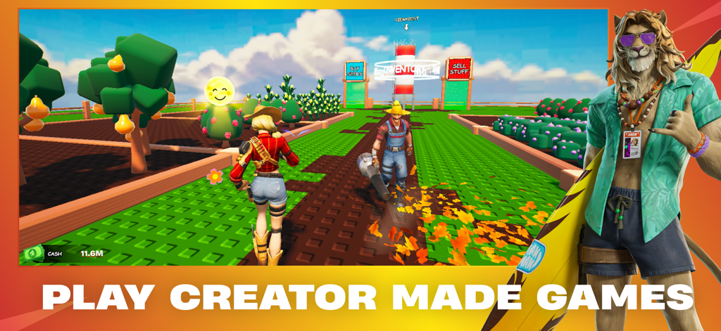 Fortnite - Dos personajes en una isla tycoon de agricultura creada por un creador dentro de Fortnite, mostrando campos de cultivo y carteles de tiendas