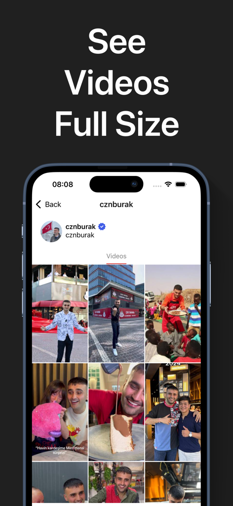 전체 크기 동영상 보기 텍스트가 있는 프로필 동영상 그리드를 보여주는 HopTik 앱 인터페이스