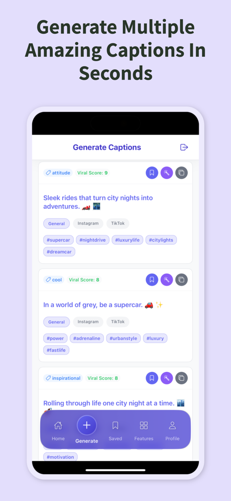 A mobile interface showing AI generated social media captions with viral scores and hashtags