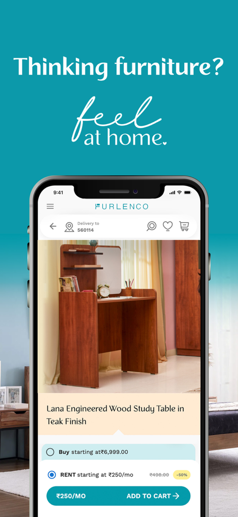 Furlenco mobile app screen showing a study table with options to rent or buy.