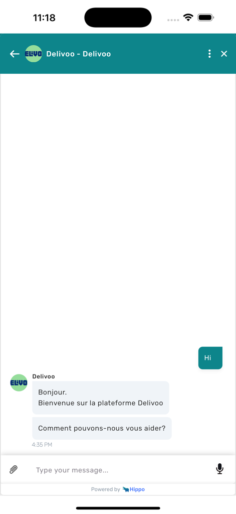 Delivoo customer - Delivoo mobile app customer support chat interface with a welcome message in French
