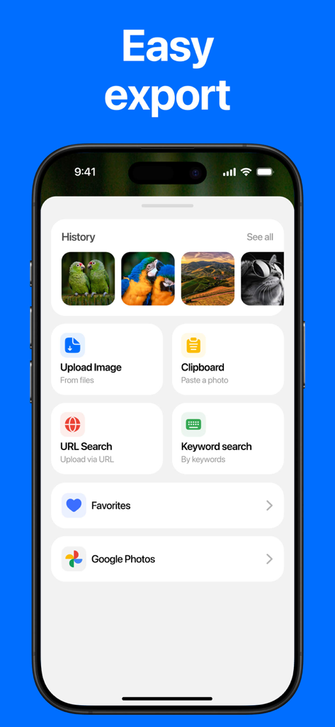 Lens: Reverse Image Search - Lens app dashboard showing search history and multiple search input methods including upload clipboard and URL search