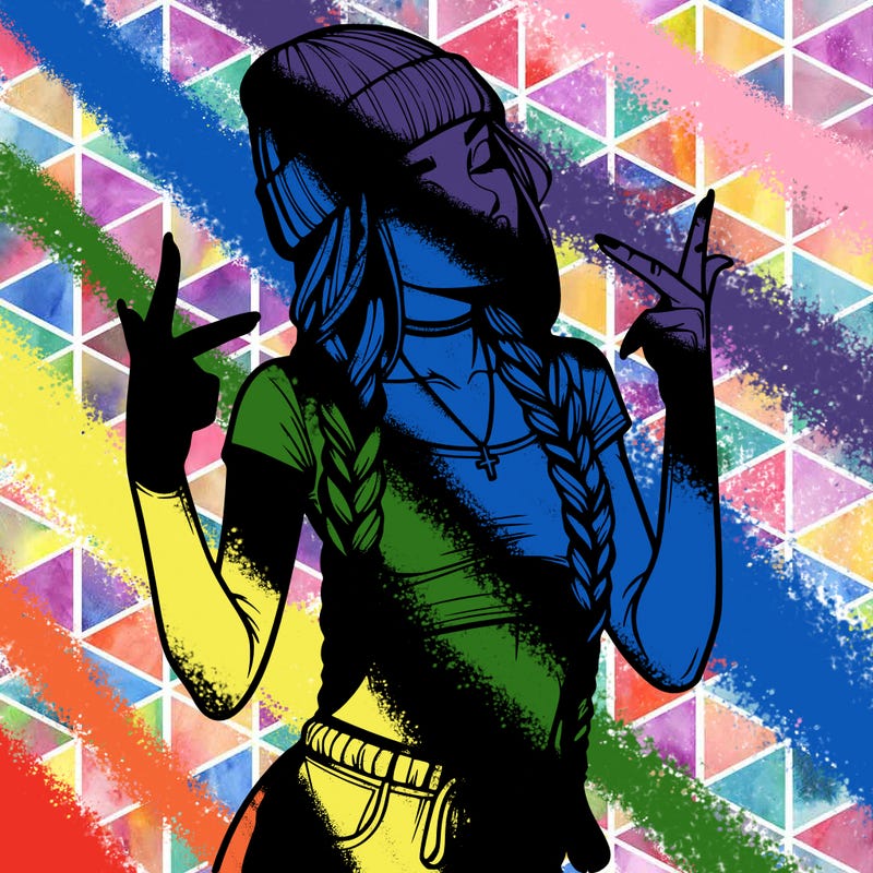 realistic teenage girl with braids and a beanie and crop top doing 🫶🏼