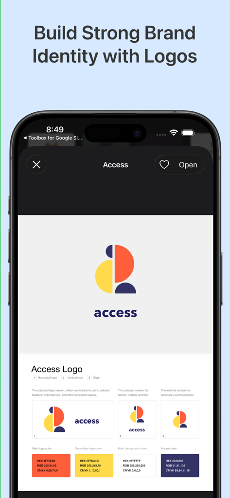 Una pantalla móvil mostrando plantillas profesionales de diseño de logotipos y branding para Google Docs.