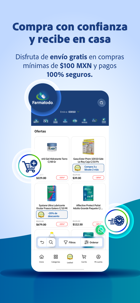 Farmatodo México - Farmatodo Mexico app interface displaying healthcare products and free delivery offers