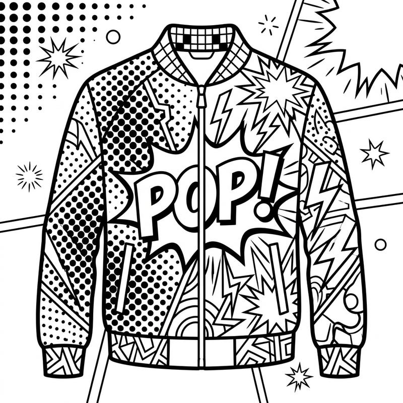 Unleash your creativity with this electrifying Pop Art activewear jacket coloring page. Dive into a world of bold lines and dynamic comic-book inspired patterns, perfect for a modern artistic expression.