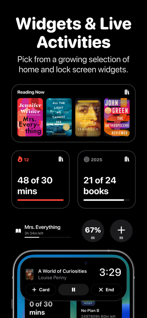 Interface do aplicativo Bookshelf mostrando widgets de leitura para acompanhamento de progresso, metas e atividades ao vivo em uma tela no modo escuro