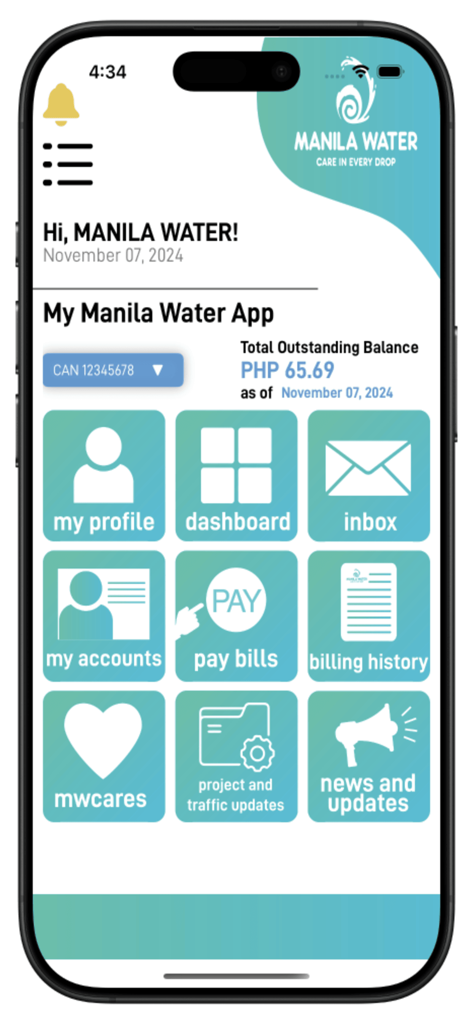 Manila Water App - Manila Water App dashboard showing account balance and utility management menu icons