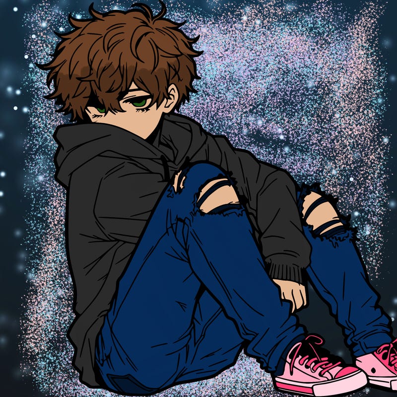 a male hoddie ripped jeans messy hair anime
