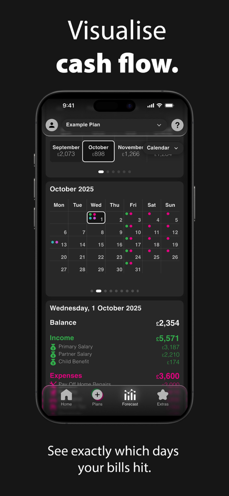Plans.TheApp: Finance Forecast - A mobile app interface displaying a financial calendar to visualize cash flow and bill payment dates