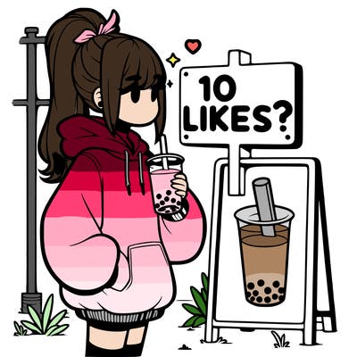 girl with oversized hoodie drinking boba and she has a high ponytail with a sign that says 10likes?