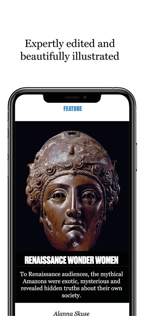 A smartphone displaying a beautifully illustrated feature article titled Renaissance Wonder Women within the History Today app.
