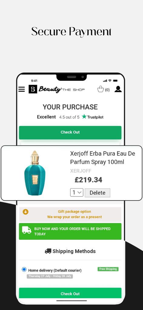 Checkout screen of the BeautyTheShop app showing a Xerjoff Erba Pura perfume in the shopping cart with options for gift wrapping and free home delivery.