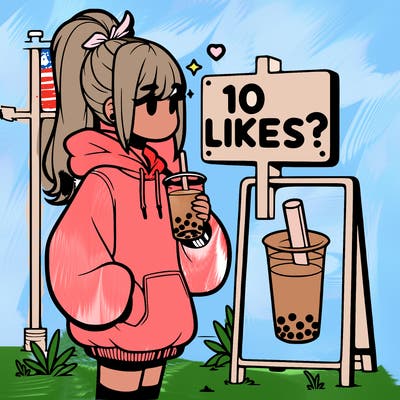girl with oversized hoodie drinking boba and she has a high ponytail with a sign that says 10likes?