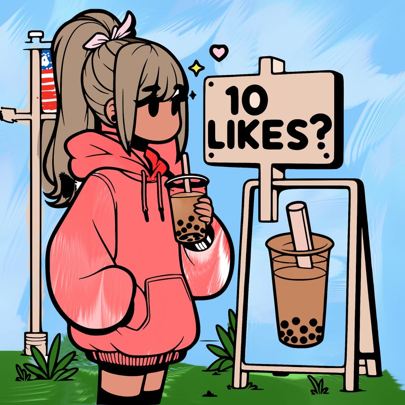 girl with oversized hoodie drinking boba and she has a high ponytail with a sign that says 10likes?
