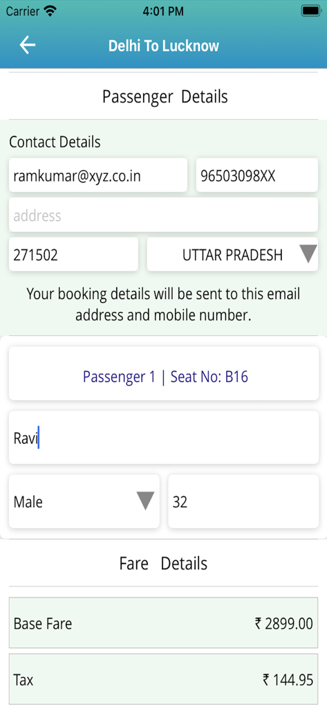IRCTC Tourism app interface showing passenger and fare details for a Delhi to Lucknow booking.