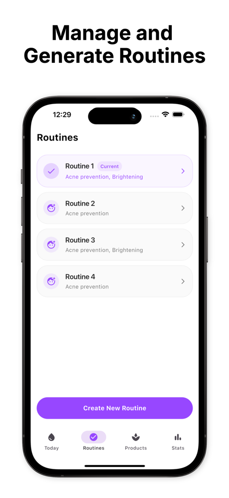 Mobile dashboard of Kiru app showing a list of personalized AI skincare routines for acne prevention and brightening