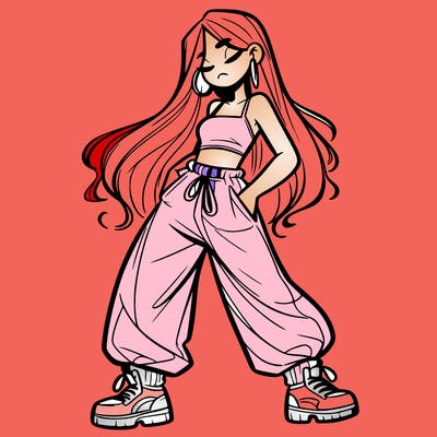girl in baggy pants crop top and long hair
