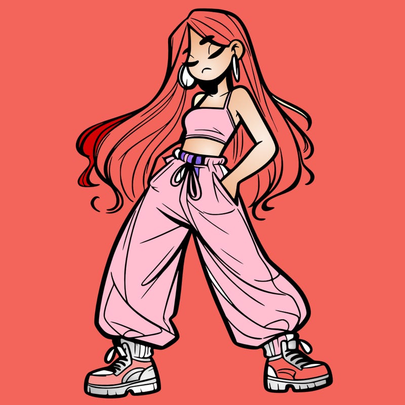 girl in baggy pants crop top and long hair