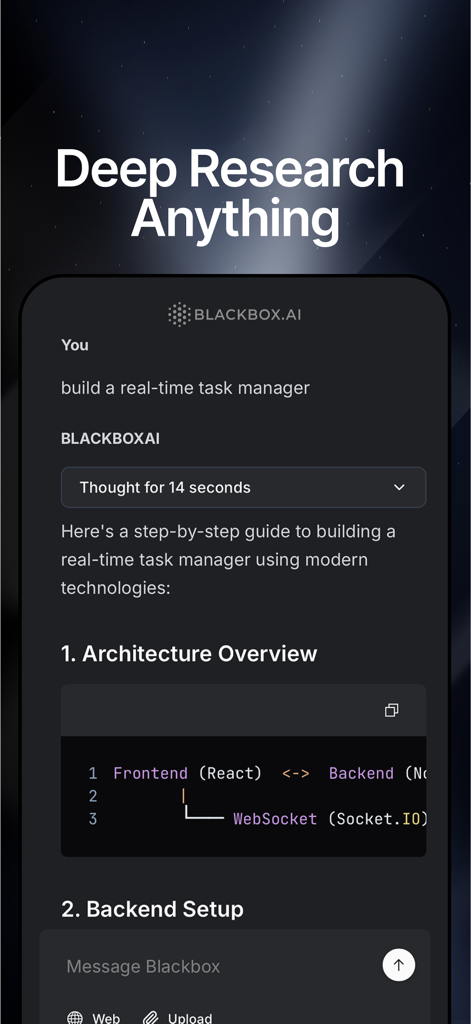 BLACKBOXAI - Interfaz de la aplicación BLACKBOXAI que muestra una guía paso a paso y una descripción general de la arquitectura para crear un administrador de tareas en tiempo real.