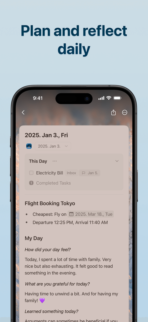 Craft: Docs, Notes, Tasks & AI - Vista de nota diaria de la aplicación Craft con tareas y diario de reflexión en iPhone