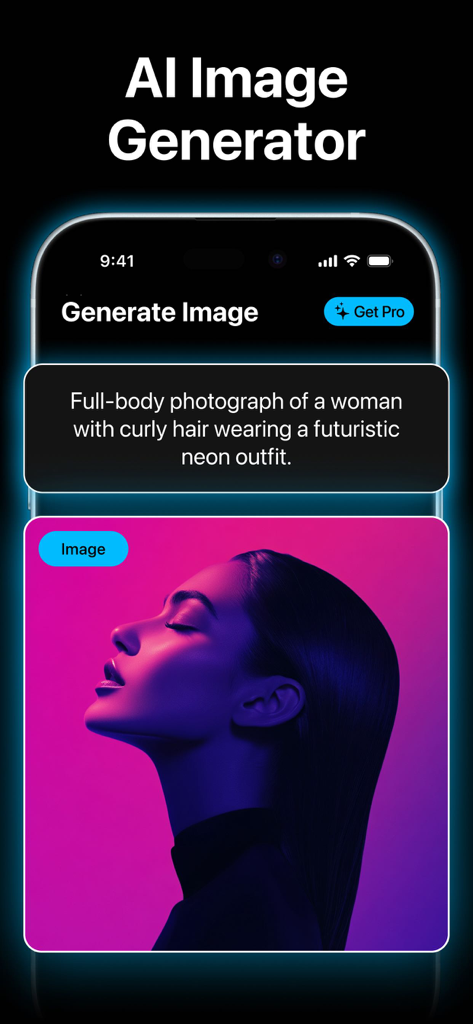 Interfaz de la app Pix AI que muestra un retrato futurista de neón generado a partir de una indicación de texto