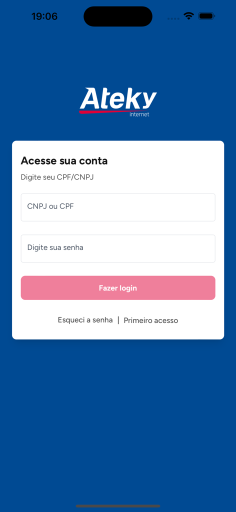 Login screen for Minha Ateky app featuring fields for CPF or CNPJ and password with a pink login button