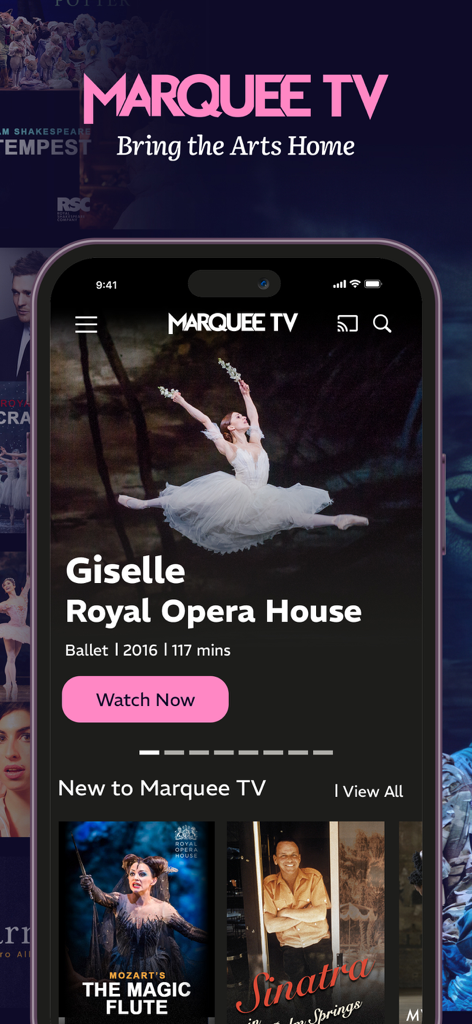 Marquee TV mobile app home screen showing ballet and opera content