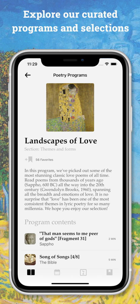 Poesie: The Daily Poetry App - Mobile screen showing Poesie app poetry programs and curated selections