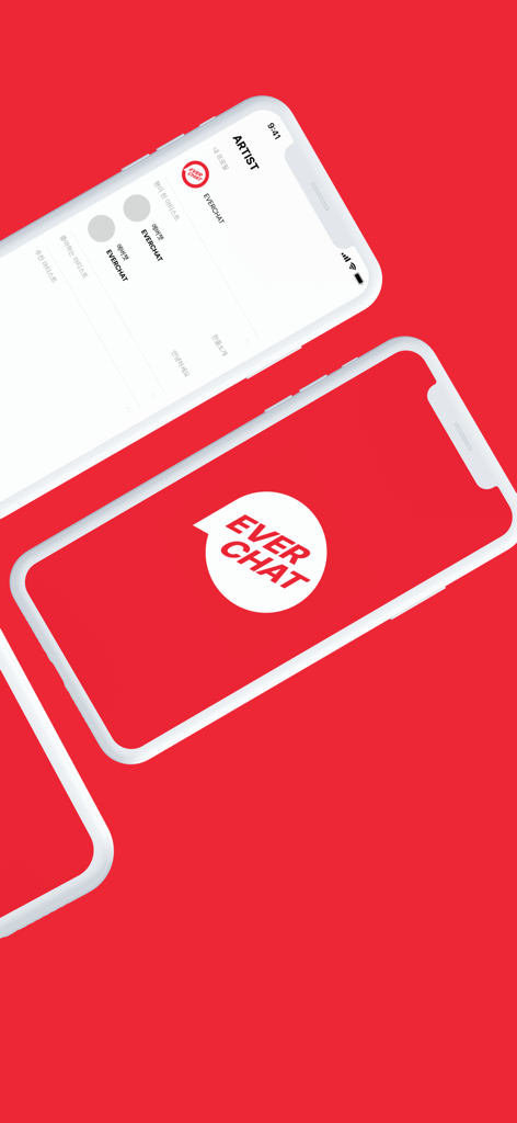 EVERCHAT - Maquetas de la aplicación móvil Everchat mostrando la pantalla de lista de artistas y el logotipo oficial de burbuja de diálogo sobre un vibrante fondo rojo