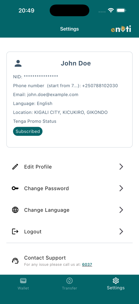 Enoti app settings interface displaying user profile information and account management options