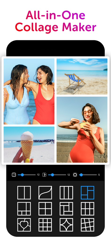 Collage Maker: CollagePlus - Screenshot of the CollagePlus app showing a beach themed photo collage and various grid layout options.