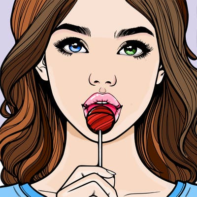 a realistic girl with a lollipop in her mouth